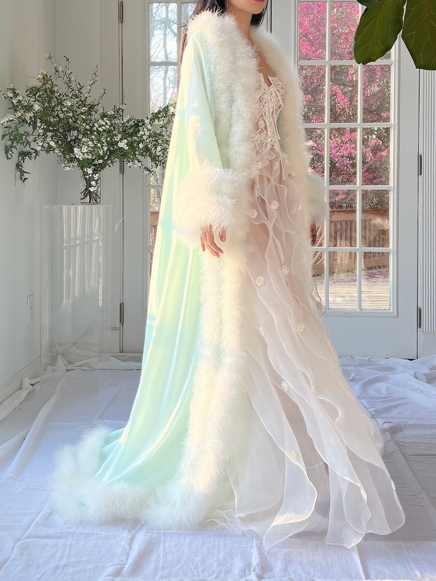 Satin Silk Bridal Robe With Detachable Ostrich Feather Trim Emerald Green -  Etsy